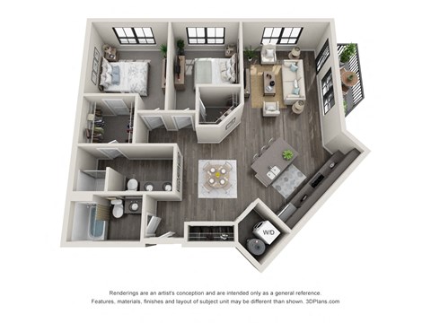Floor plan for 2 beds, 2 baths, 1134 sqft